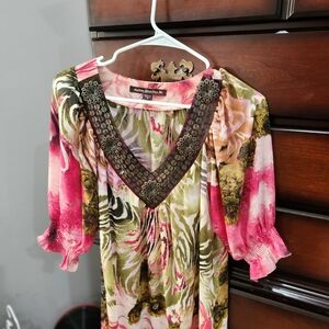 Anna Sui Multicolor Floral Dress with V-Neck